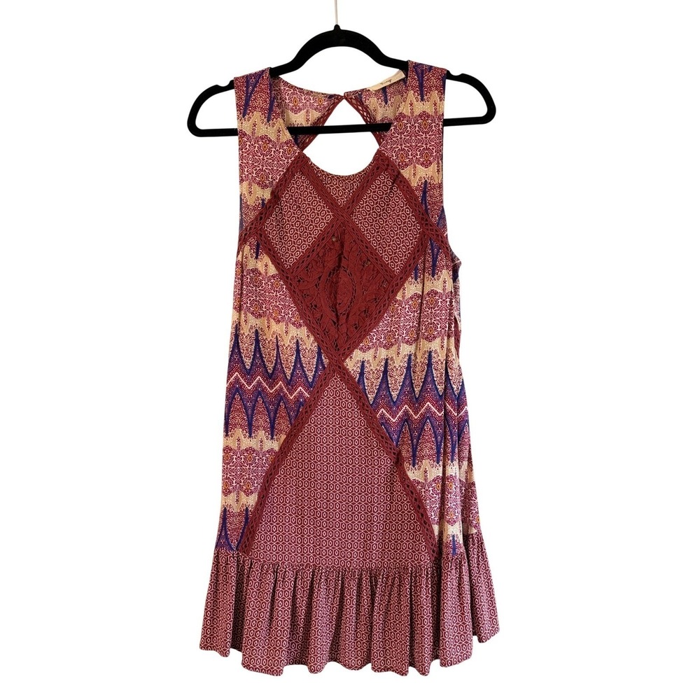 Fringe Studio Boho Crochet Mini Dress Womens L Geometric Festival Sleeveless